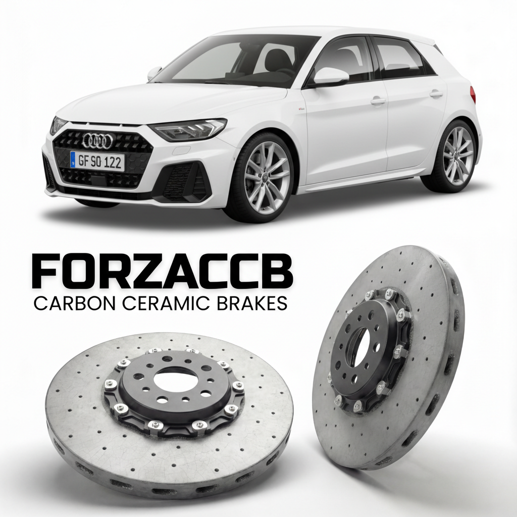 ForzaCCB direct OEM replacement carbon ceramic brake rotors for 2019 and newer Audi A1 GB models, shown with a white Audi A1 car.