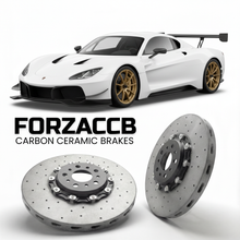 ForzaCCB direct OEM replacement carbon ceramic brake rotors for 2025 to 2026 Revolution A1-R 500 EVO models, shown with a white Revolution A1-R 500 EVO car.