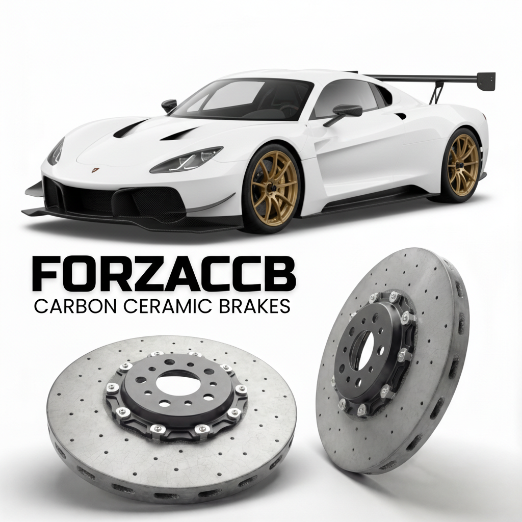 ForzaCCB direct OEM replacement carbon ceramic brake rotors for 2025 to 2026 Revolution A1-R 500 EVO models, shown with a white Revolution A1-R 500 EVO car.