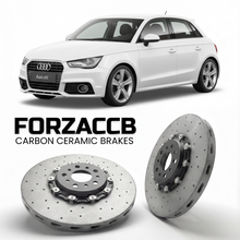 ForzaCCB direct OEM replacement carbon ceramic brake rotors for 2010 to 2018 Audi A1 Sportback 8X models, shown with a white Audi A1 Sportback car.