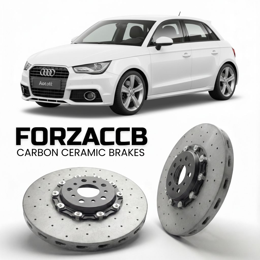 ForzaCCB direct OEM replacement carbon ceramic brake rotors for 2010 to 2018 Audi A1 Sportback 8X models, shown with a white Audi A1 Sportback car.
