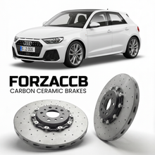 ForzaCCB direct OEM replacement carbon ceramic brake rotors for 2019 and newer Audi A1 Sportback GB models, shown with a white Audi A1 Sportback car.