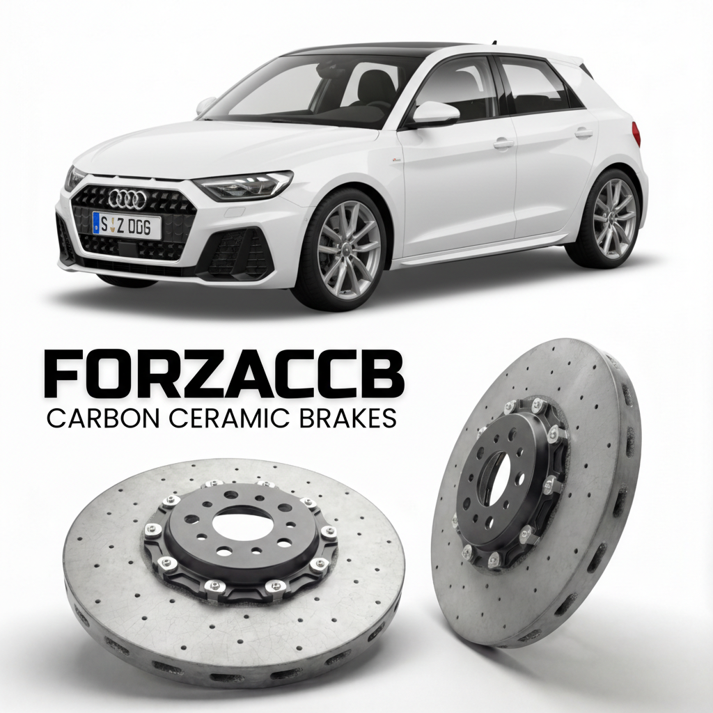 ForzaCCB direct OEM replacement carbon ceramic brake rotors for 2019 and newer Audi A1 Sportback GB models, shown with a white Audi A1 Sportback car.