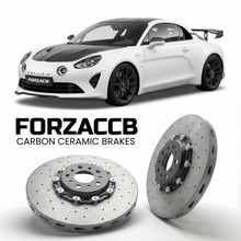 ForzaCCB direct OEM replacement carbon ceramic brake rotors for 2025 to 2026 Alpine A110 R Ultime limited series models, shown with a white Alpine A110 R Ultime car.