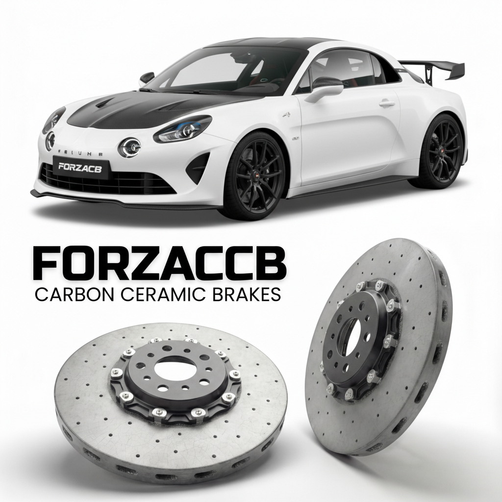 ForzaCCB direct OEM replacement carbon ceramic brake rotors for 2025 to 2026 Alpine A110 R Ultime limited series models, shown with a white Alpine A110 R Ultime car.