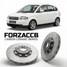 ForzaCCB direct OEM replacement carbon ceramic brake rotors for 1999 to 2006 Audi A2 8Z models, shown with a white Audi A2 car.