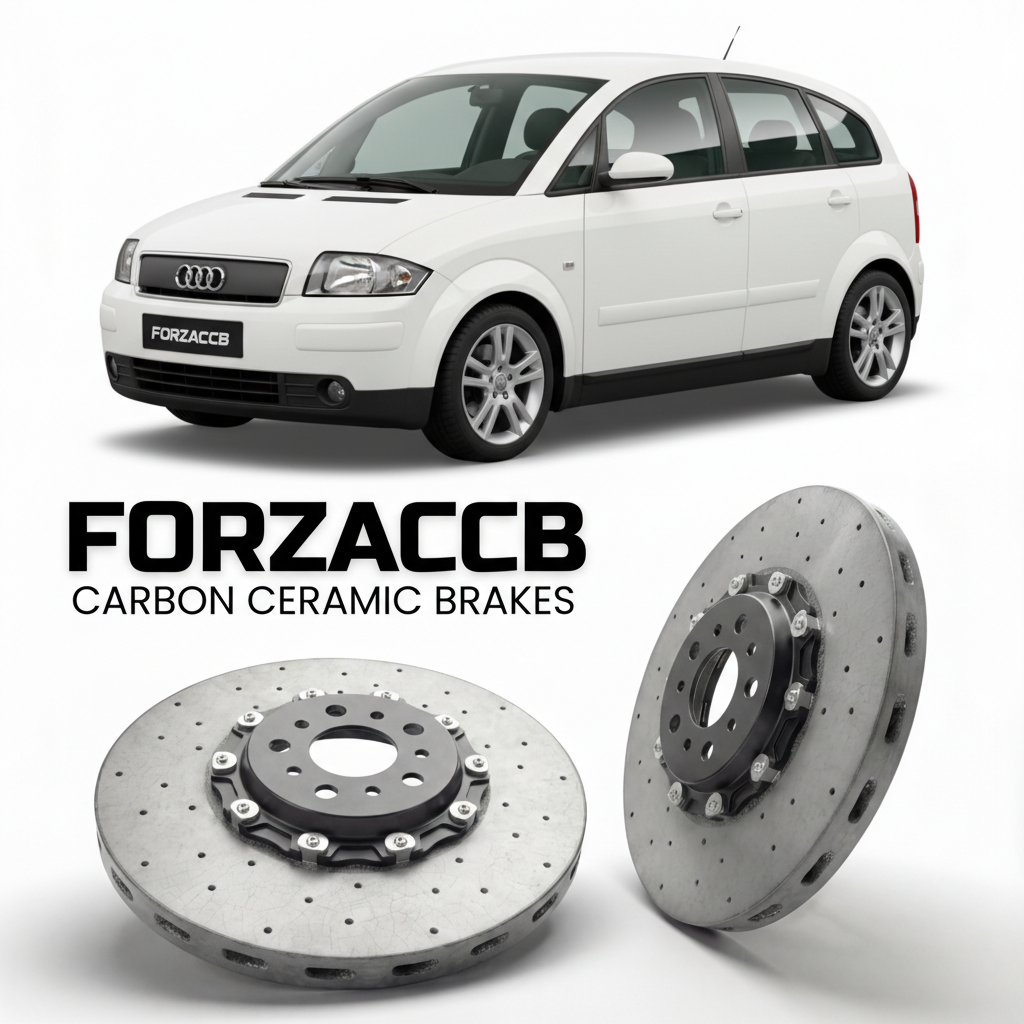 ForzaCCB direct OEM replacement carbon ceramic brake rotors for 1999 to 2006 Audi A2 8Z models, shown with a white Audi A2 car.