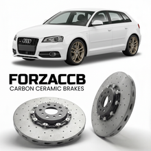 ForzaCCB direct OEM replacement carbon ceramic brake rotors for 2003 to 2013 Audi A3 8P models, shown with a white Audi A3 car.