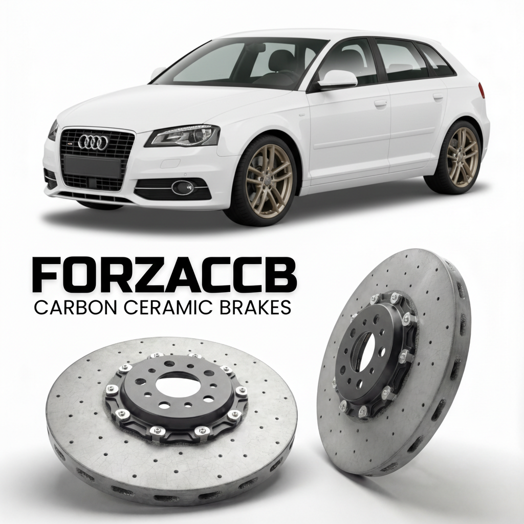 ForzaCCB direct OEM replacement carbon ceramic brake rotors for 2003 to 2013 Audi A3 8P models, shown with a white Audi A3 car.