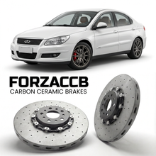 ForzaCCB direct OEM replacement carbon ceramic brake rotors for 2008 to 2015 Chery A3 models, shown with a white Chery A3 car.