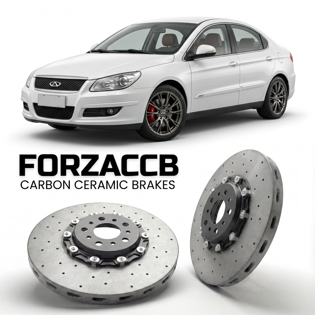 ForzaCCB direct OEM replacement carbon ceramic brake rotors for 2008 to 2015 Chery A3 models, shown with a white Chery A3 car.