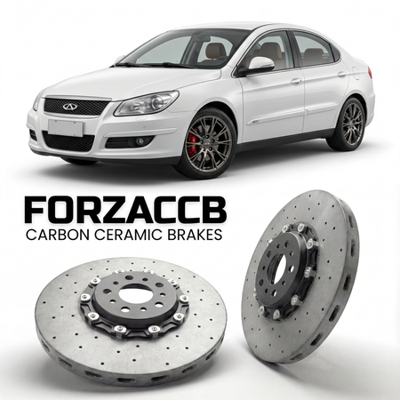 ForzaCCB direct OEM replacement carbon ceramic brake rotors for 2008 to 2015 Chery A3 models, shown with a white Chery A3 car.