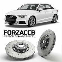 ForzaCCB direct OEM replacement carbon ceramic brake rotors for 2012 to 2020 Audi A3 8V models, shown with a white Audi A3 car.