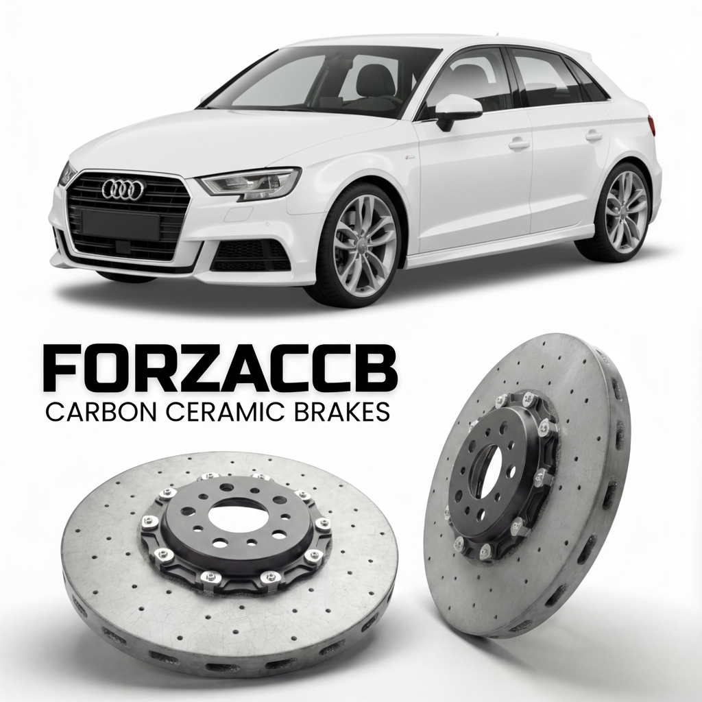 ForzaCCB direct OEM replacement carbon ceramic brake rotors for 2012 to 2020 Audi A3 8V models, shown with a white Audi A3 car.