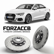ForzaCCB direct OEM replacement carbon ceramic brake rotors for 2020 and newer Audi A3 8Y models, shown with a white Audi A3 car.