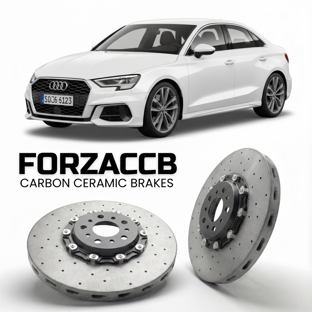 ForzaCCB direct OEM replacement carbon ceramic brake rotors for 2020 and newer Audi A3 8Y models, shown with a white Audi A3 car.