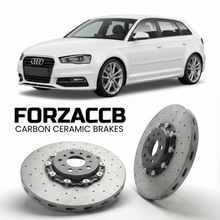 ForzaCCB direct OEM replacement carbon ceramic brake rotors for 2003 to 2013 Audi A3 Sportback 8P models, shown with a white Audi A3 Sportback car.