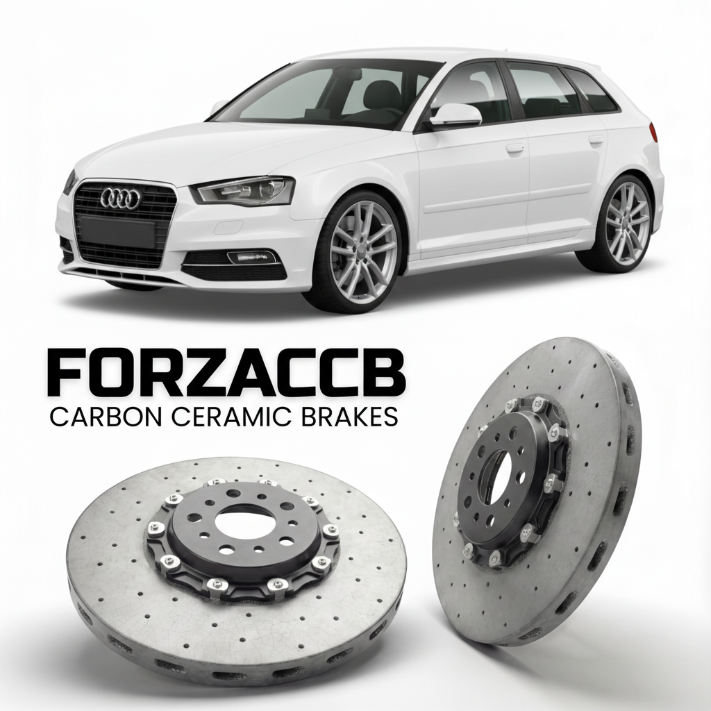 ForzaCCB direct OEM replacement carbon ceramic brake rotors for 2003 to 2013 Audi A3 Sportback 8P models, shown with a white Audi A3 Sportback car.