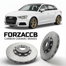ForzaCCB direct OEM replacement carbon ceramic brake rotors for 2012 to 2020 Audi A3 Sportback 8V models, shown with a white Audi A3 Sportback car.