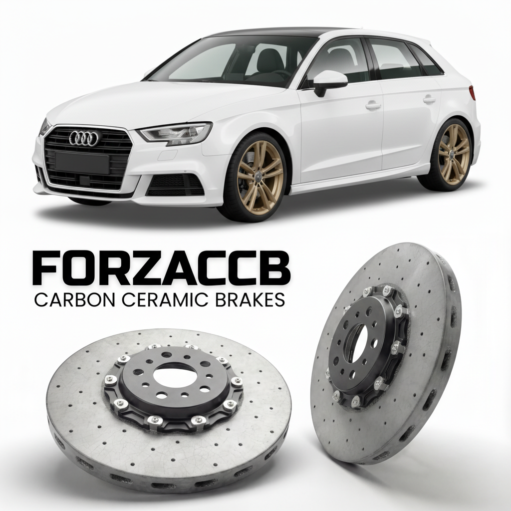 ForzaCCB direct OEM replacement carbon ceramic brake rotors for 2012 to 2020 Audi A3 Sportback 8V models, shown with a white Audi A3 Sportback car.