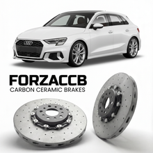 ForzaCCB direct OEM replacement carbon ceramic brake rotors for 2020 and newer Audi A3 Sportback 8Y models, shown with a white Audi A3 Sportback car.
