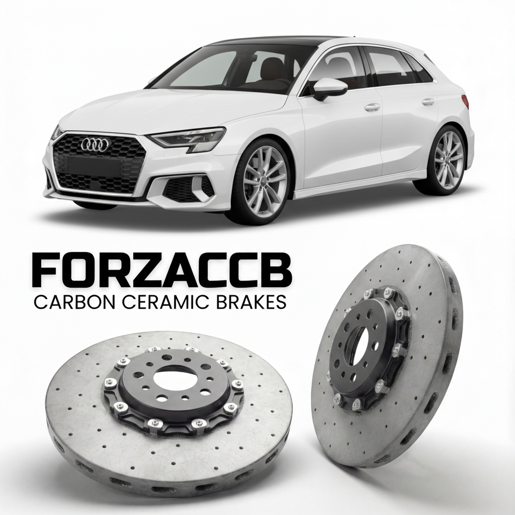 ForzaCCB direct OEM replacement carbon ceramic brake rotors for 2020 and newer Audi A3 Sportback 8Y models, shown with a white Audi A3 Sportback car.
