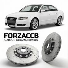 ForzaCCB direct OEM replacement carbon ceramic brake rotors for 2004 to 2009 Audi A4 B7 models, shown with a white Audi A4 car.