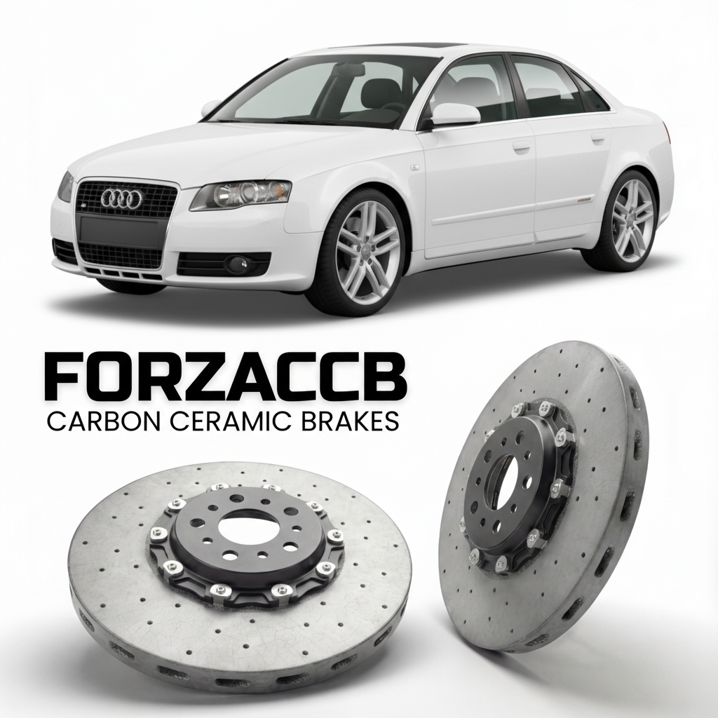 ForzaCCB direct OEM replacement carbon ceramic brake rotors for 2004 to 2009 Audi A4 B7 models, shown with a white Audi A4 car.