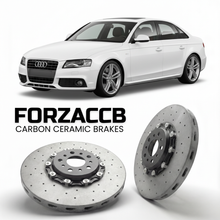 ForzaCCB direct OEM replacement carbon ceramic brake rotors for 2007 to 2015 Audi A4 B8 models, shown with a white Audi A4 car.