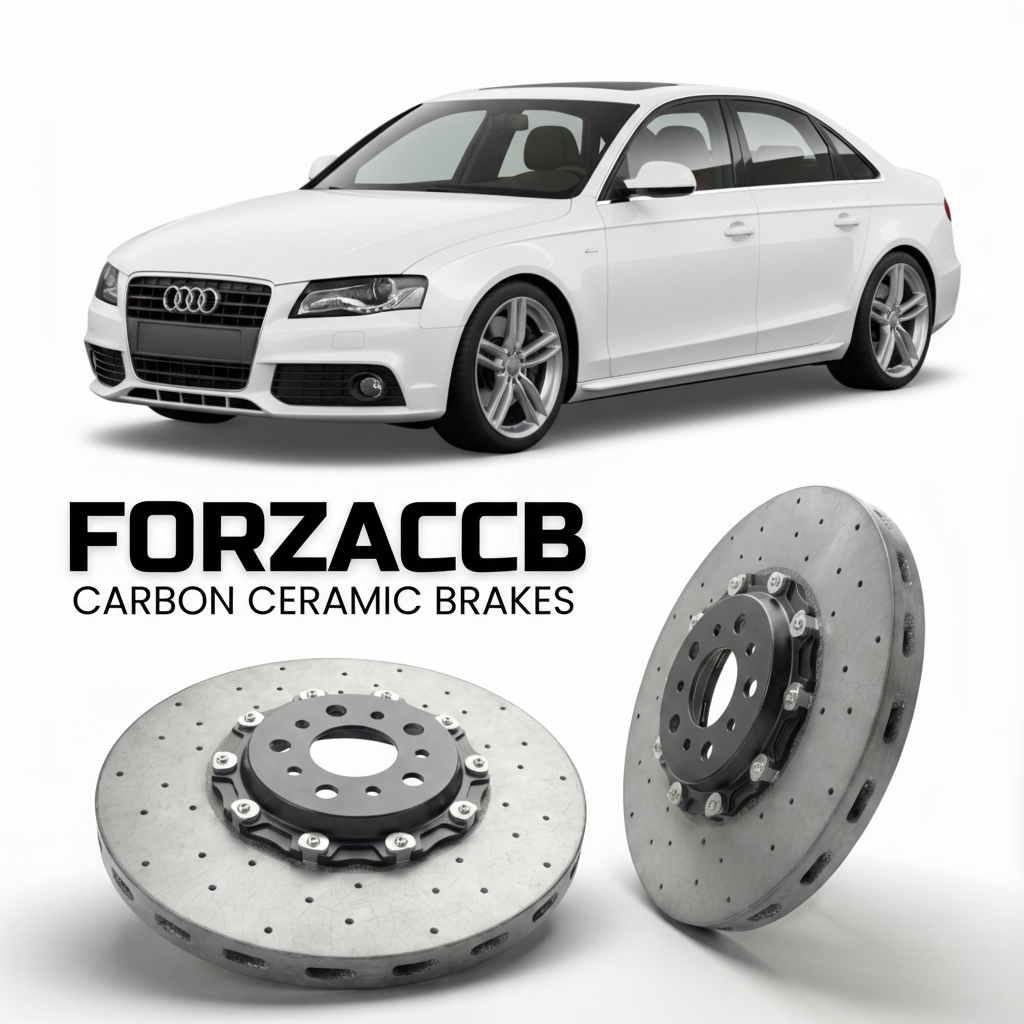 ForzaCCB direct OEM replacement carbon ceramic brake rotors for 2007 to 2015 Audi A4 B8 models, shown with a white Audi A4 car.