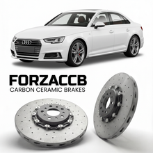 ForzaCCB direct OEM replacement carbon ceramic brake rotors for 2015 to 2024 Audi A4 B9 models, shown with a white Audi A4 car.