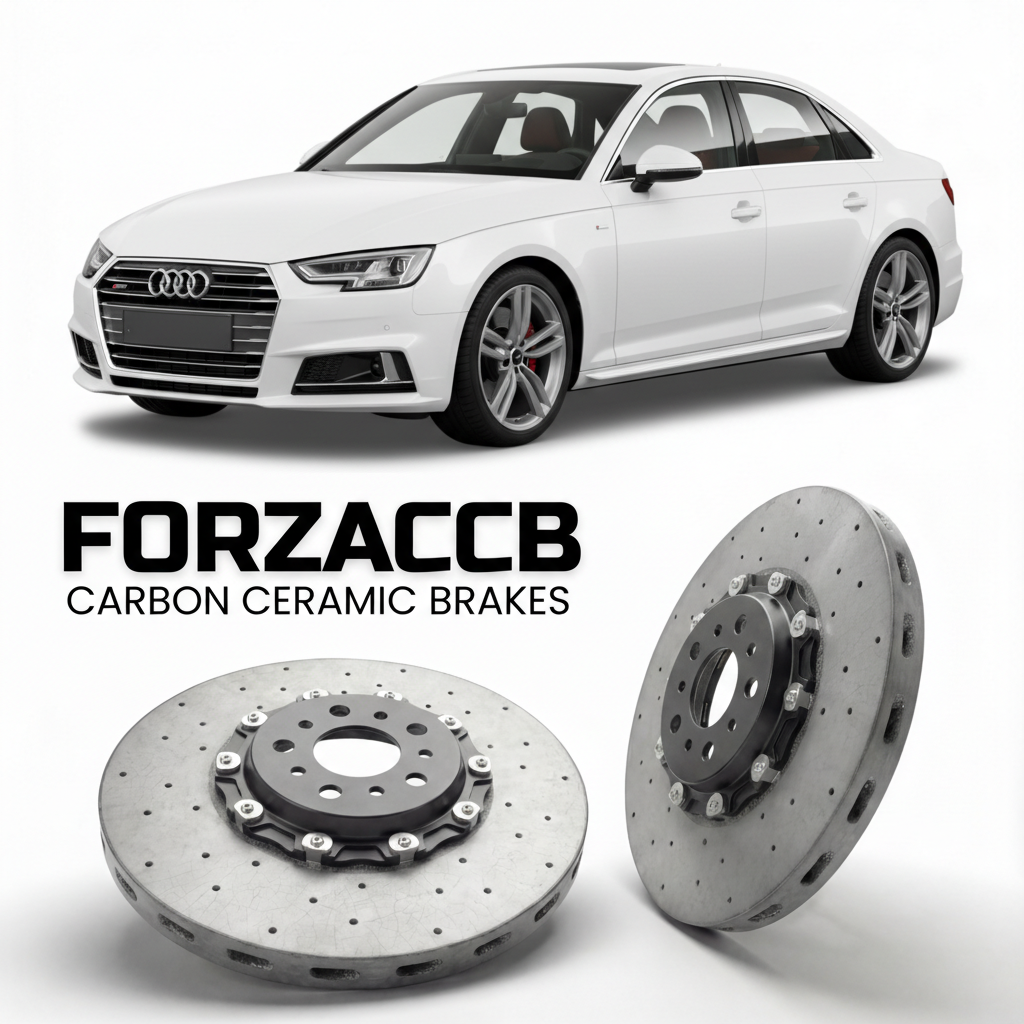 ForzaCCB direct OEM replacement carbon ceramic brake rotors for 2015 to 2024 Audi A4 B9 models, shown with a white Audi A4 car.