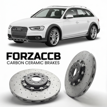ForzaCCB direct OEM replacement carbon ceramic brake rotors for 2009 to 2015 Audi A4 allroad quattro B8 models, shown with a white Audi A4 allroad quattro car.