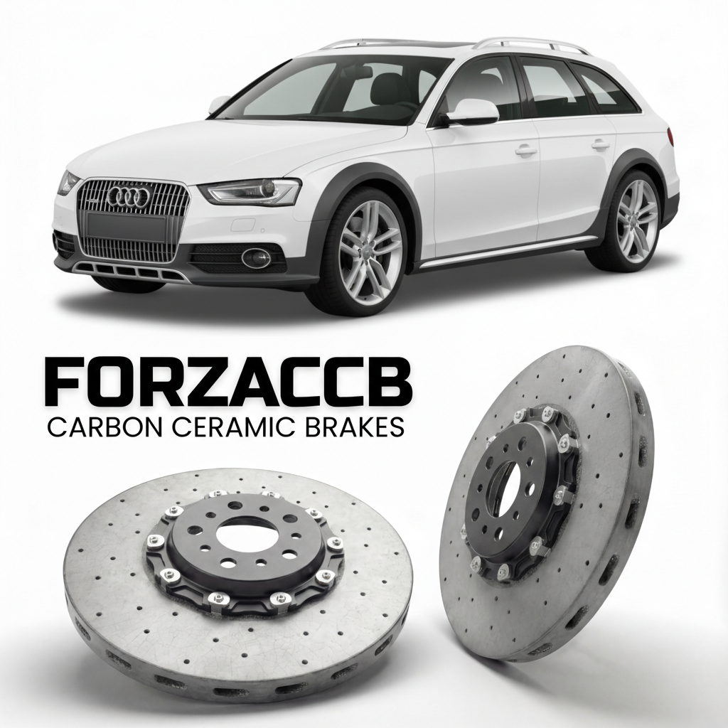 ForzaCCB direct OEM replacement carbon ceramic brake rotors for 2009 to 2015 Audi A4 allroad quattro B8 models, shown with a white Audi A4 allroad quattro car.