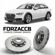 ForzaCCB direct OEM replacement carbon ceramic brake rotors for 2016 to 2024 Audi A4 allroad quattro B9 models, shown with a white Audi A4 allroad quattro car.