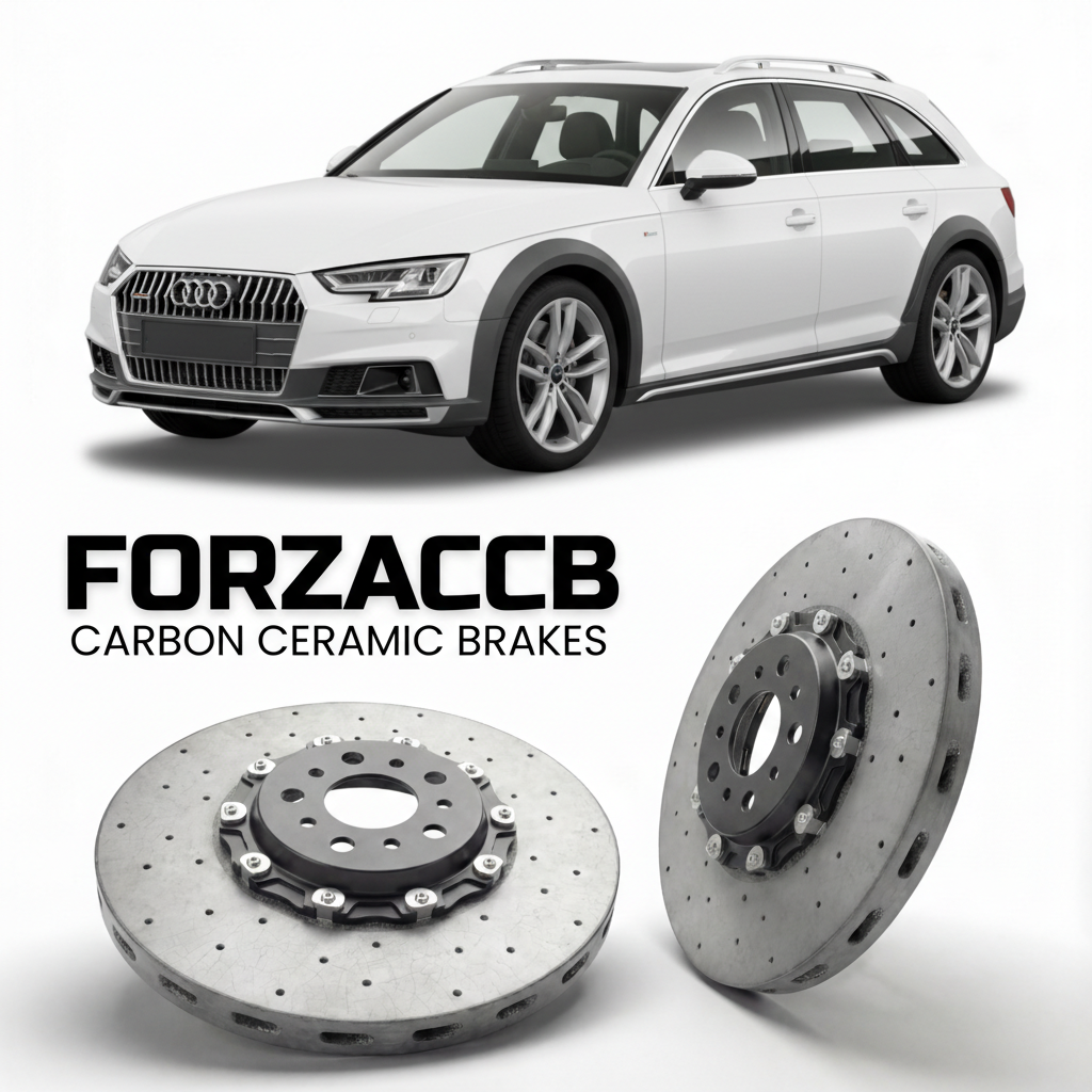 ForzaCCB direct OEM replacement carbon ceramic brake rotors for 2016 to 2024 Audi A4 allroad quattro B9 models, shown with a white Audi A4 allroad quattro car.