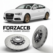ForzaCCB direct OEM replacement carbon ceramic brake rotors for 2007 to 2016 Audi A5 8T/8F models, shown with a white Audi A5 car.