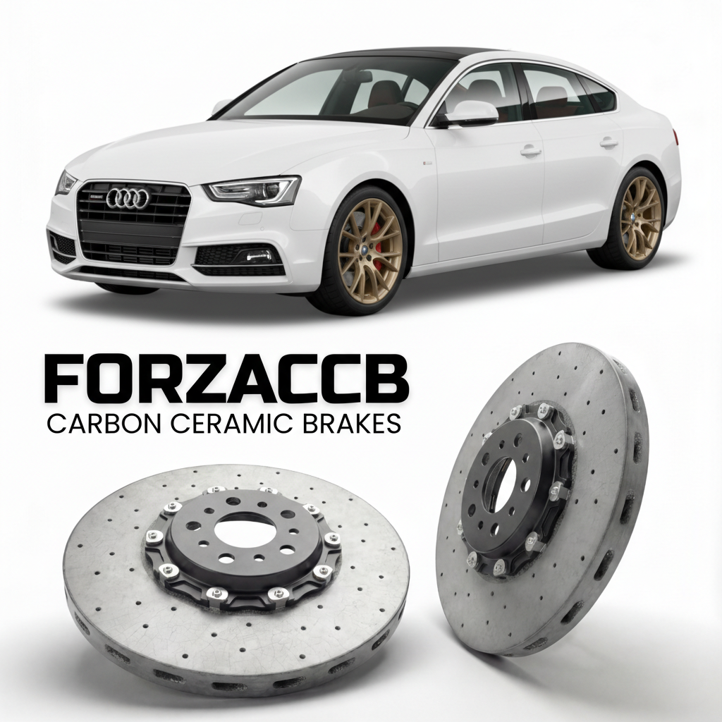 ForzaCCB direct OEM replacement carbon ceramic brake rotors for 2007 to 2016 Audi A5 8T/8F models, shown with a white Audi A5 car.