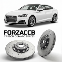 ForzaCCB direct OEM replacement carbon ceramic brake rotors for 2016 to 2024 Audi A5 F5 models, shown with a white Audi A5 car.