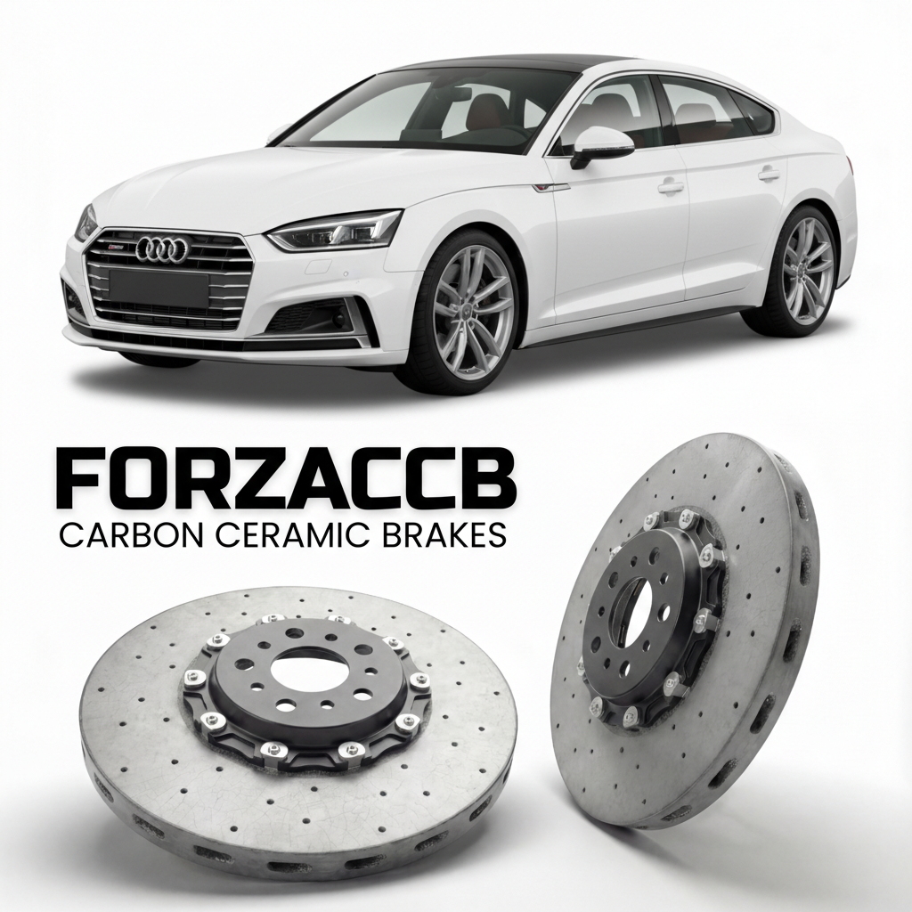 ForzaCCB direct OEM replacement carbon ceramic brake rotors for 2016 to 2024 Audi A5 F5 models, shown with a white Audi A5 car.