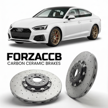 ForzaCCB direct OEM replacement carbon ceramic brake rotors for 2024 and newer Audi A5 B10 models, shown with a white Audi A5 car.