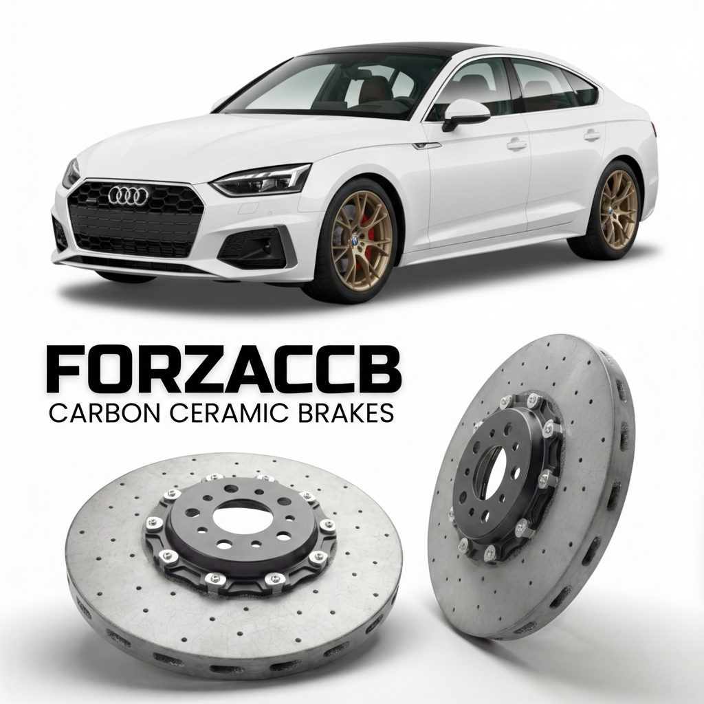 ForzaCCB direct OEM replacement carbon ceramic brake rotors for 2024 and newer Audi A5 B10 models, shown with a white Audi A5 car.