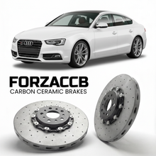 ForzaCCB direct OEM replacement carbon ceramic brake rotors for 2007 to 2016 Audi A5 Sportback 8T models, shown with a white Audi A5 Sportback car.