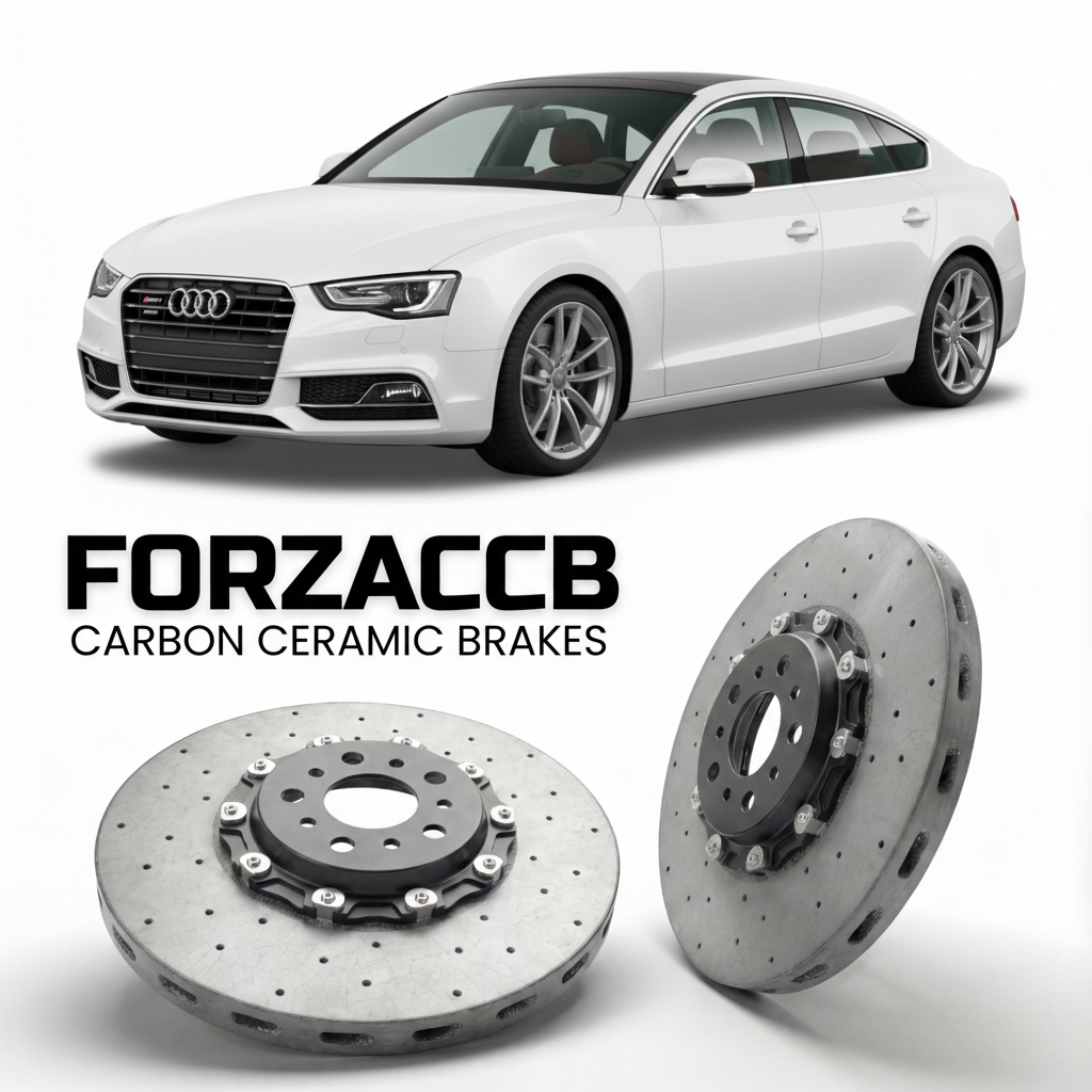 ForzaCCB direct OEM replacement carbon ceramic brake rotors for 2007 to 2016 Audi A5 Sportback 8T models, shown with a white Audi A5 Sportback car.