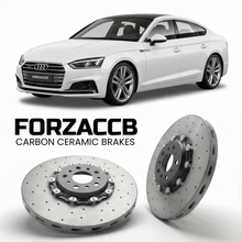 ForzaCCB direct OEM replacement carbon ceramic brake rotors for 2016 to 2024 Audi A5 Sportback F5 models, shown with a white Audi A5 Sportback car.