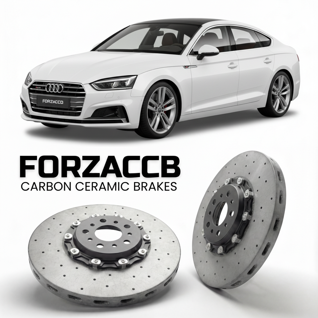 ForzaCCB direct OEM replacement carbon ceramic brake rotors for 2016 to 2024 Audi A5 Sportback F5 models, shown with a white Audi A5 Sportback car.