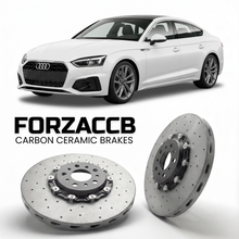ForzaCCB direct OEM replacement carbon ceramic brake rotors for 2024 and newer Audi A5 Sportback B10 models, shown with a white Audi A5 Sportback car.