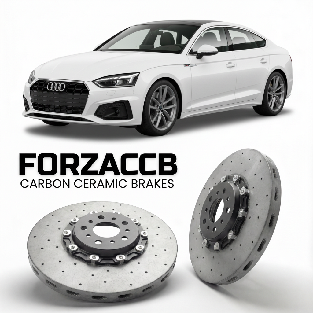 ForzaCCB direct OEM replacement carbon ceramic brake rotors for 2024 and newer Audi A5 Sportback B10 models, shown with a white Audi A5 Sportback car.