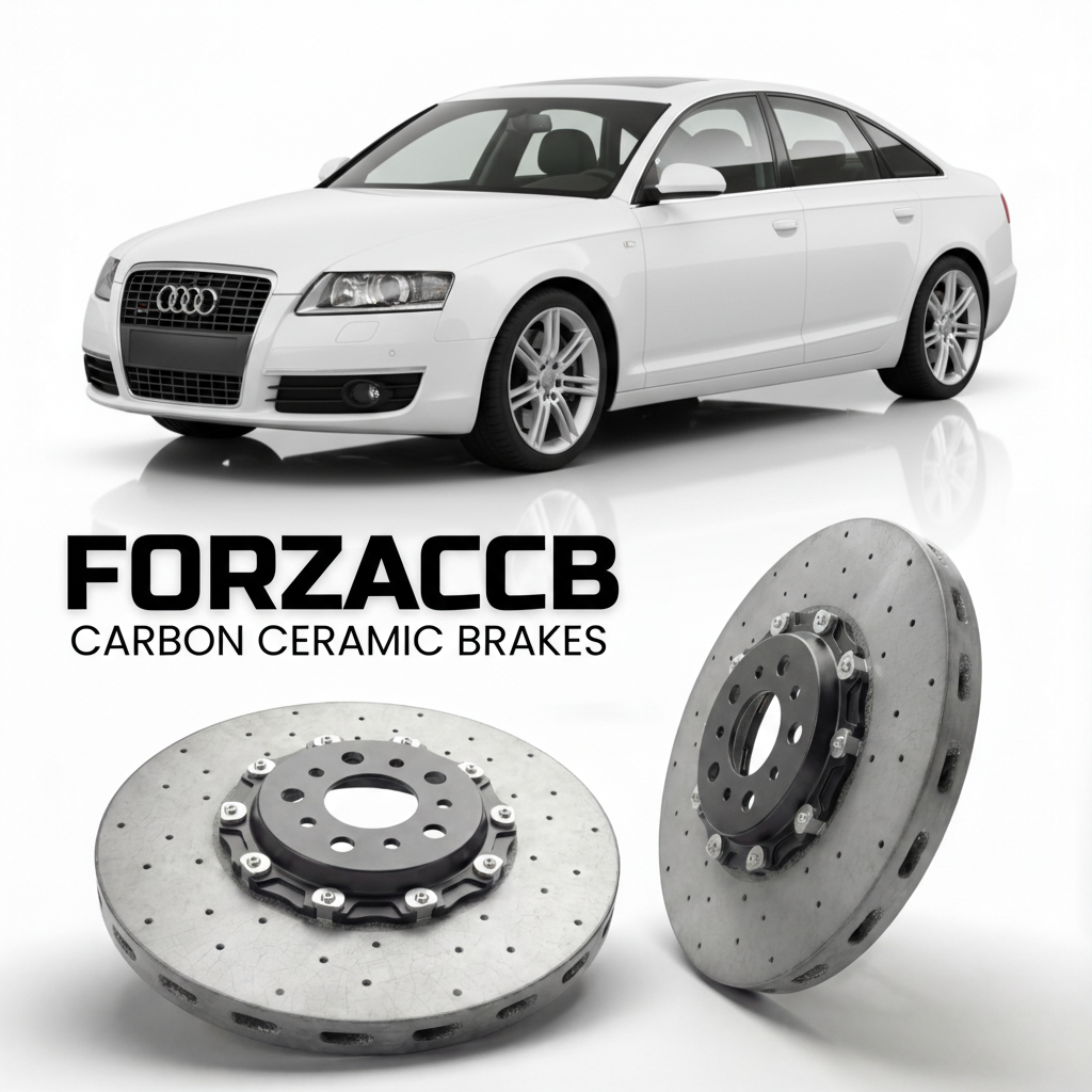 ForzaCCB direct OEM replacement carbon ceramic brake rotors for 2004 to 2011 Audi A6 C6 models, shown with a white Audi A6 car.