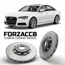 ForzaCCB direct OEM replacement carbon ceramic brake rotors for 2011 to 2018 Audi A6 C7 models, shown with a white Audi A6 car.